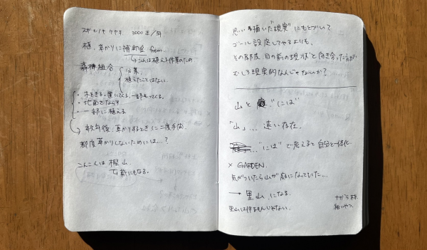 八郷へUターンしたての頃に使用していた手帳。八郷で林業をやっている方と話した後に考えたこと。